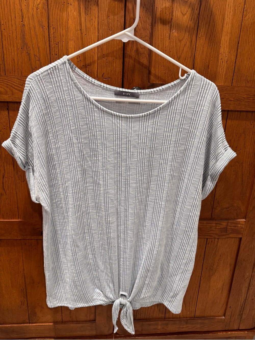 Blue and white stripe Ribbed Tie-Front Short Sleeve Top